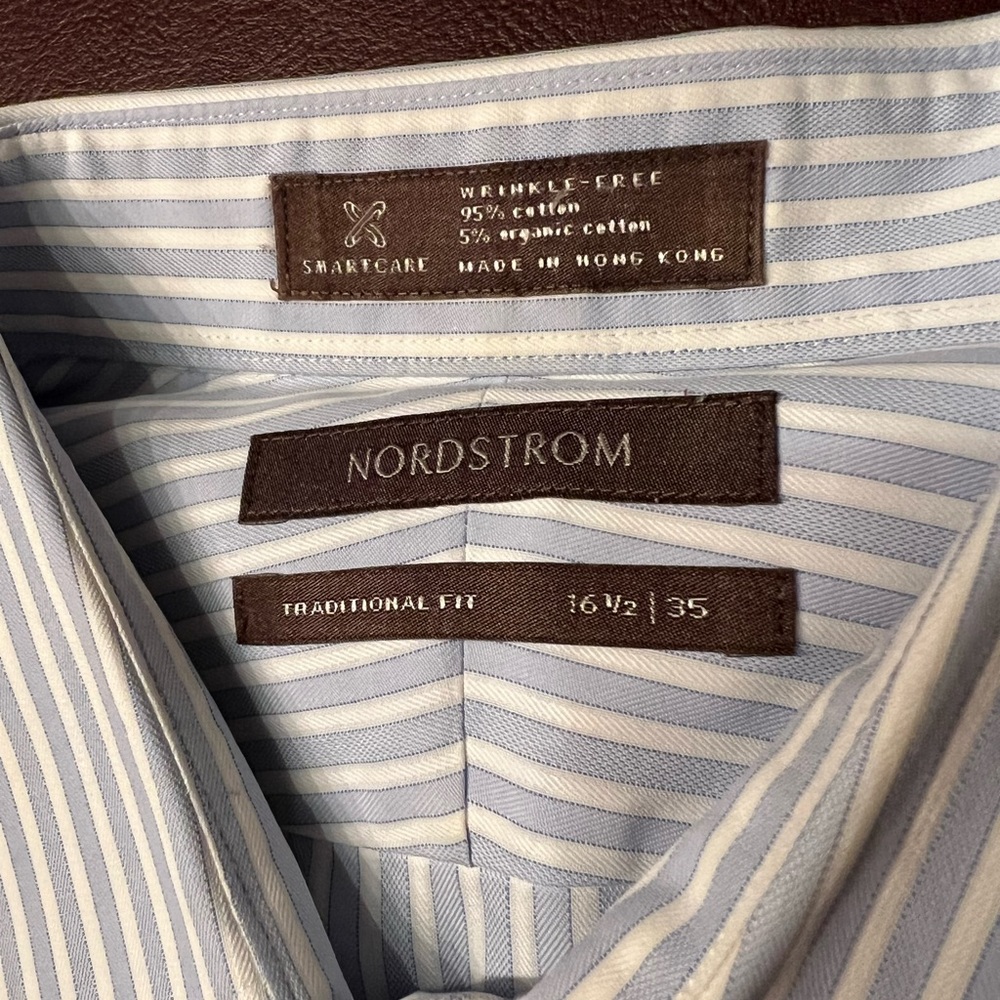 Nordstrom SmartCare Long Sleeve Blue and White Stripe Dress Shirt size 16 1/2 35 - Picture 5 of 9
